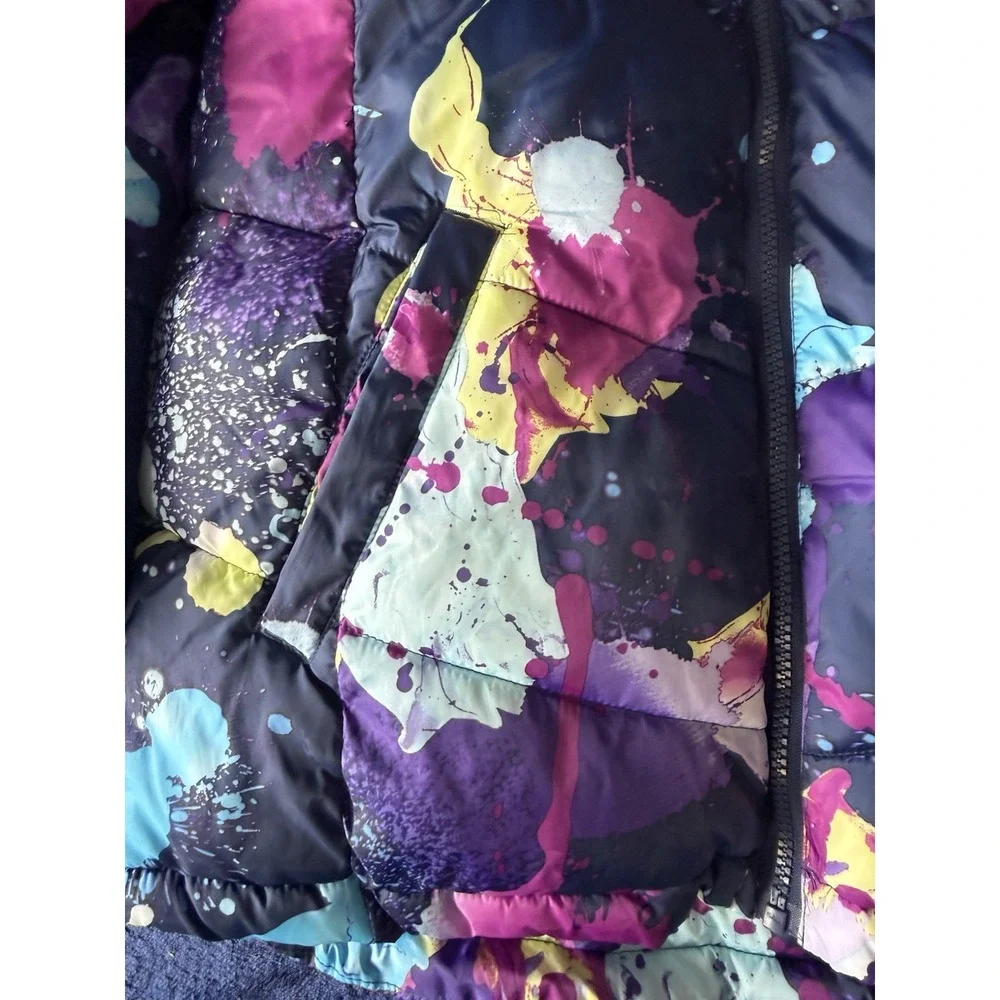 Justice Girls Winter Coat XL 16/18 Navy Multicolor Splatter Print Puffer Jacket